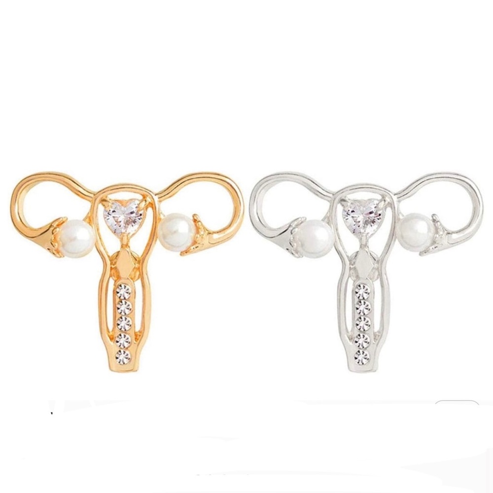 Gold uterus pin ovaries rhinestone brooch womens rights girl power nurse pearl - Picture 2 of 5